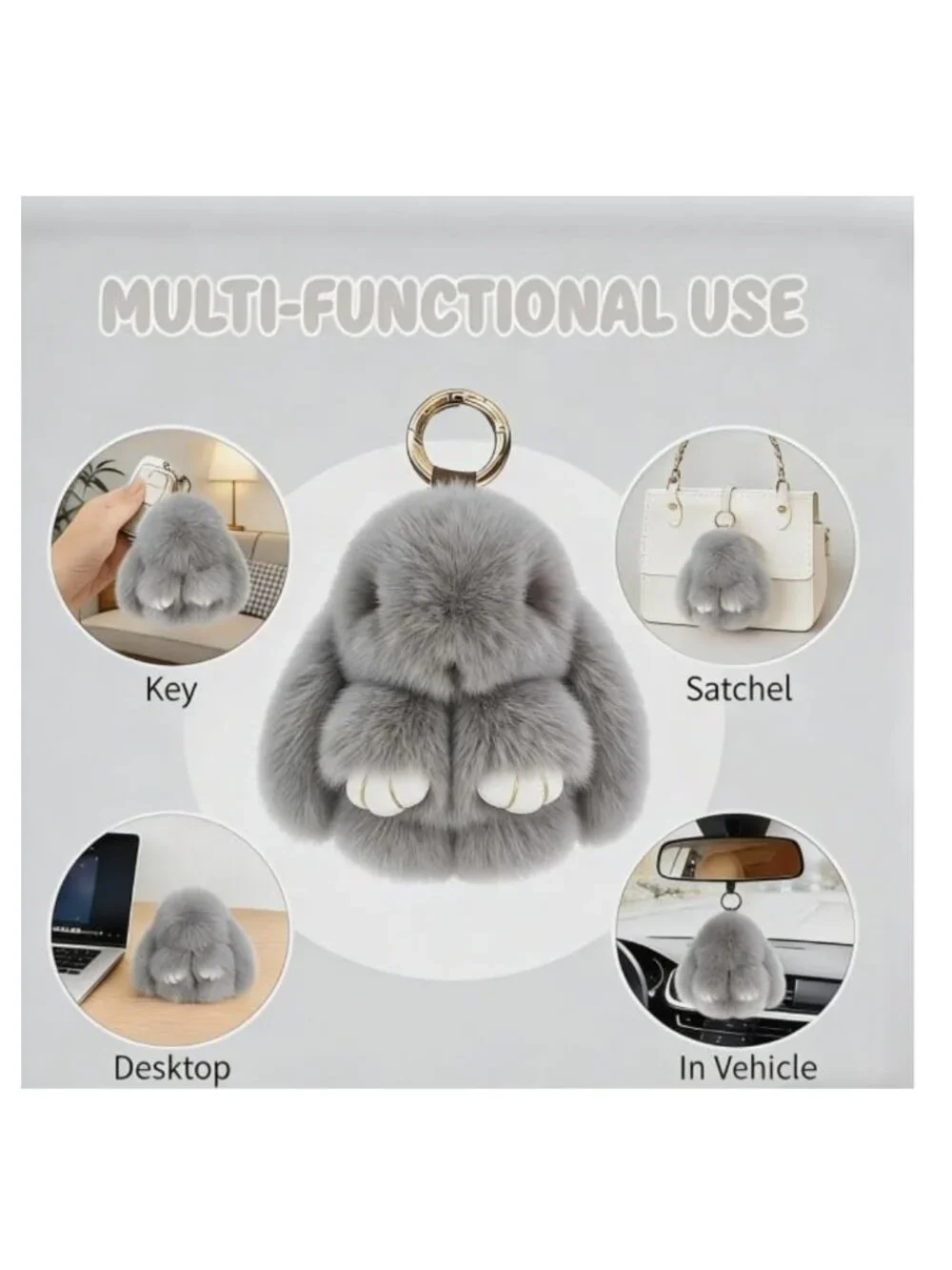 Fluffy Bunny Keychain Plush Stuffed Animal Charm Faux Fur for Keys Backpack